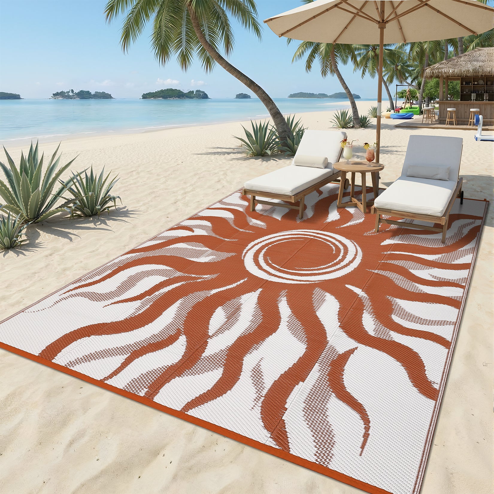 Garvee Outdoor Rug 9x12 Waterproof Patio Rug with Boho Sun Pattern, Reversible, UV-Resistant, Plastic Straw, Lightweight & Portable, Ideal for Deck and Camping