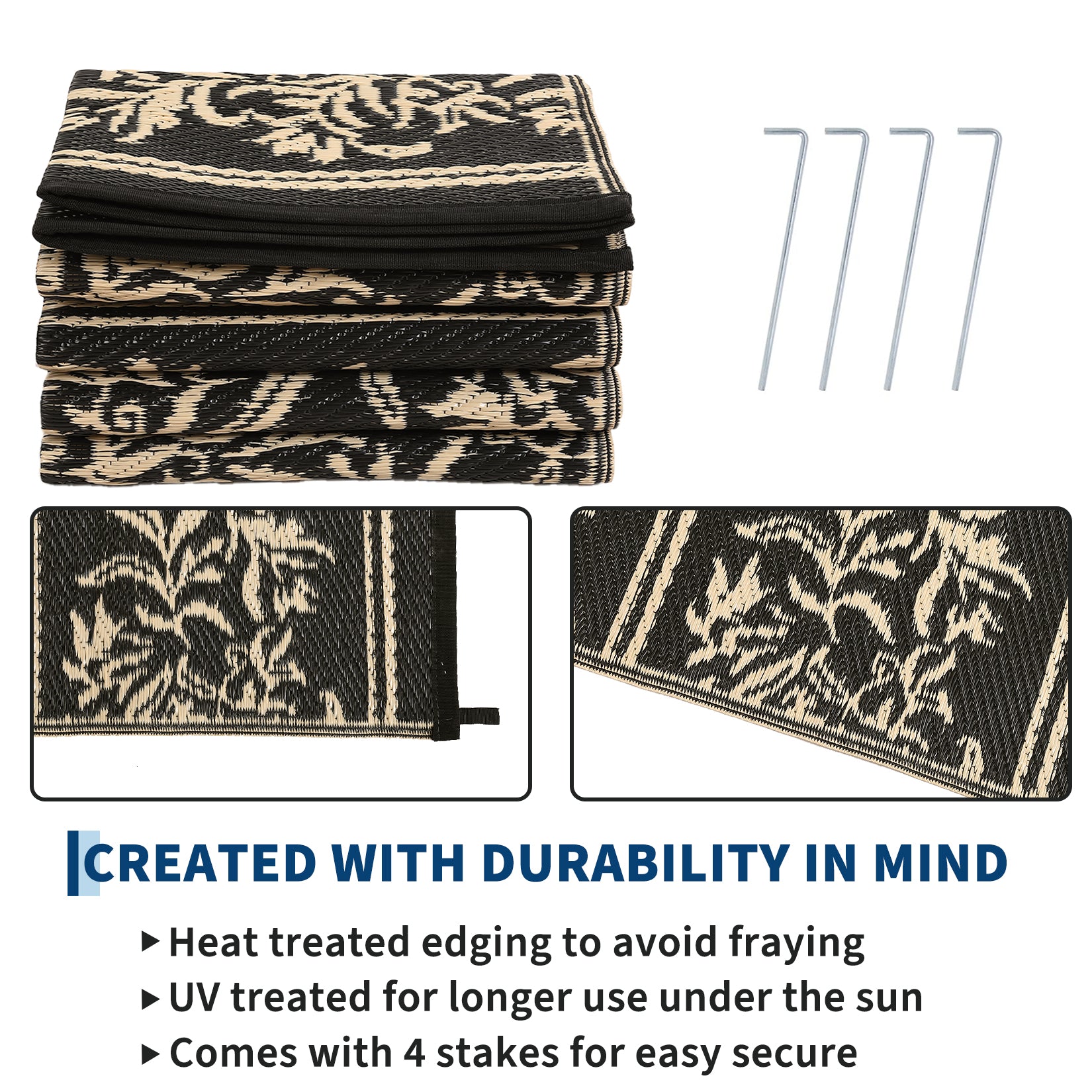 Garvee Waterproof Reversible Outdoor Rug - Boho Leaf Design - Large, UV & Mark Resistant, Collapsible Plastic Area Mat with 4 Stakes & Storage Bag for Camping, RV, Deck, Balcony, Backyard,9x12ft, Black Coffee