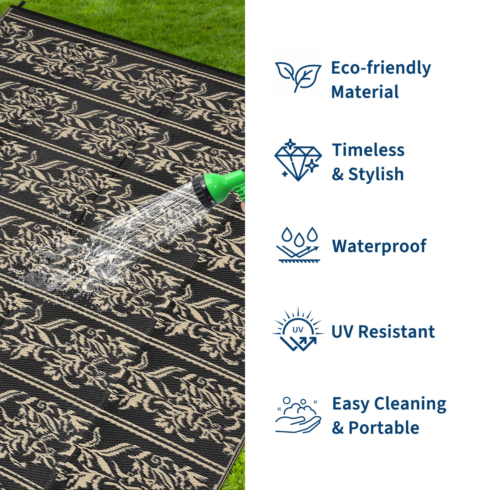 Garvee Waterproof Reversible Outdoor Rug - Boho Leaf Design - Large, UV & Mark Resistant, Collapsible Plastic Area Mat with 4 Stakes & Storage Bag for Camping, RV, Deck, Balcony, Backyard,9x12ft, Black Coffee