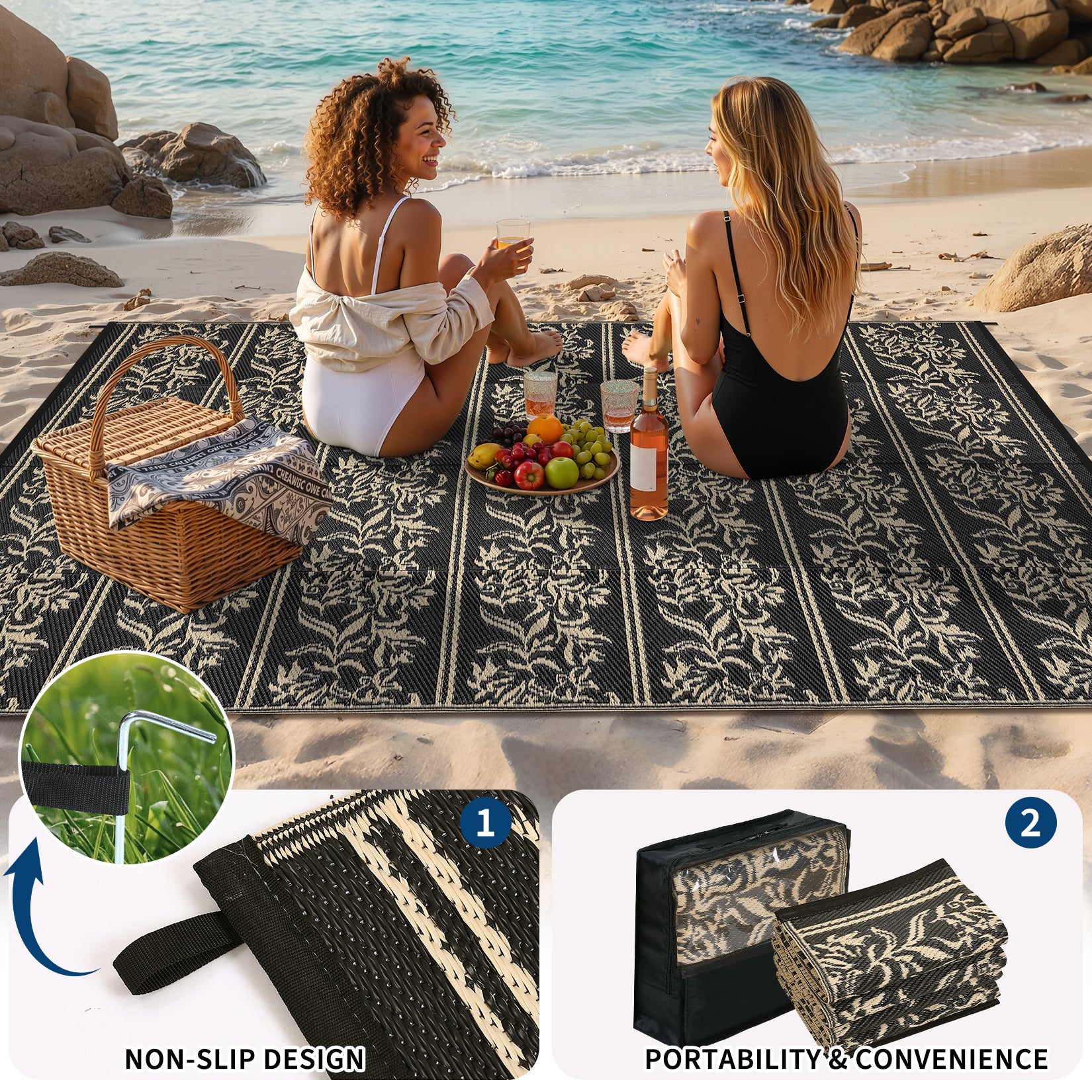 Garvee Waterproof Reversible Outdoor Rug - Boho Leaf Design - Large, UV & Mark Resistant, Collapsible Plastic Area Mat with 4 Stakes & Storage Bag for Camping, RV, Deck, Balcony, Backyard,9x12ft, Black Coffee