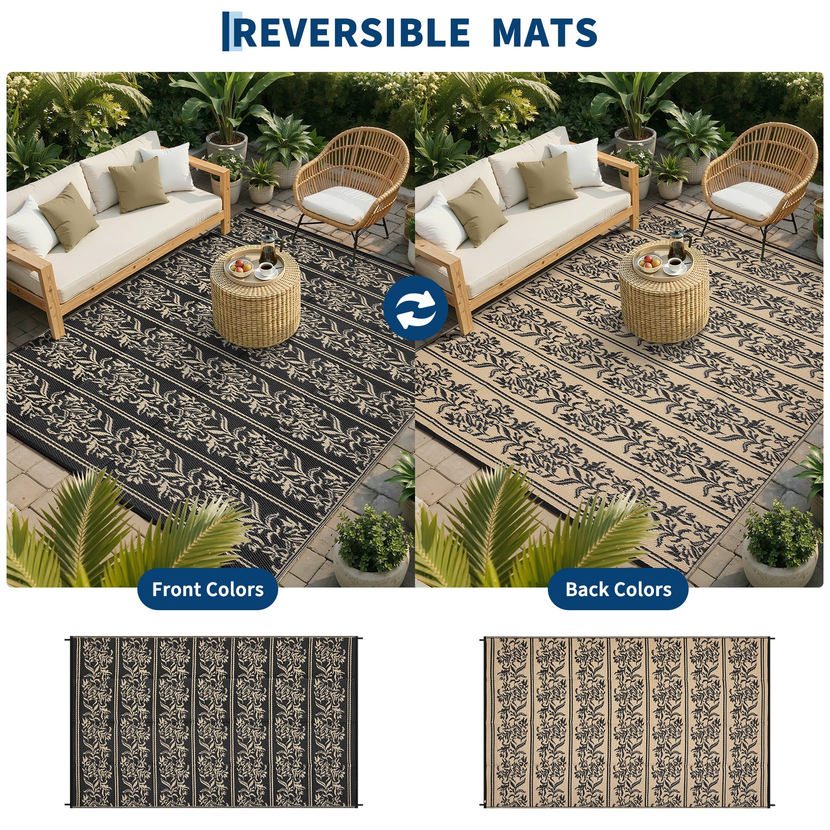 Garvee Waterproof Reversible Outdoor Rug - Boho Leaf Design - Large, UV & Mark Resistant, Collapsible Plastic Area Mat with 4 Stakes & Storage Bag for Camping, RV, Deck, Balcony, Backyard,9x12ft, Black Coffee