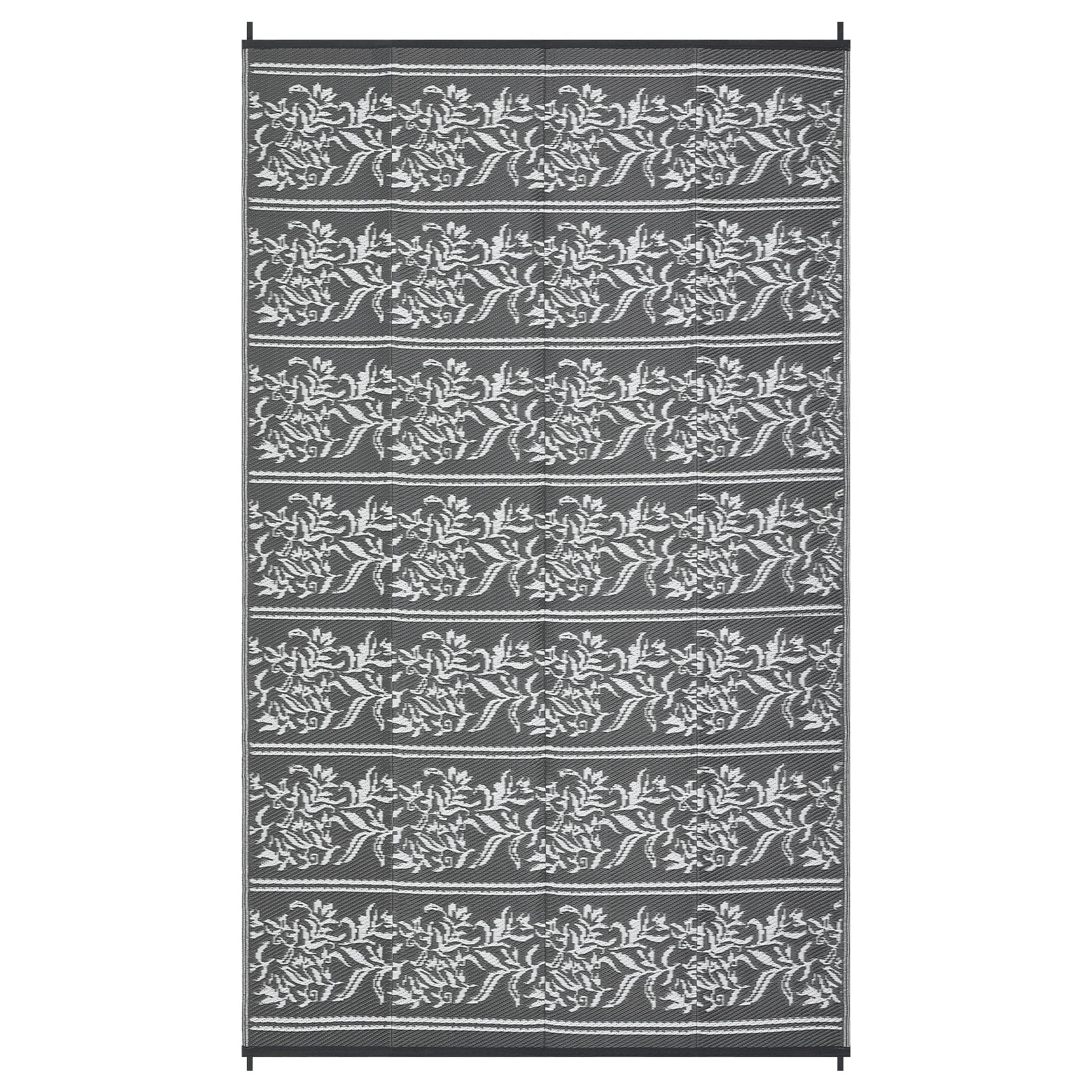 Garvee Waterproof Reversible Outdoor Rug - Boho Leaf Design - Large, UV & Mark Resistant, Collapsible Plastic Patio Carpet with Stakes & Storage Bag for RV, Camping, Deck, Balcony, Backyard ,9x18ft, Grey White