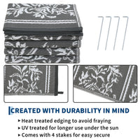 Garvee Waterproof Reversible Outdoor Rug - Boho Leaf Design - Large, UV & Mark Resistant, Collapsible Plastic Patio Carpet with Stakes & Storage Bag for RV, Camping, Deck, Balcony, Backyard ,9x18ft, Grey White