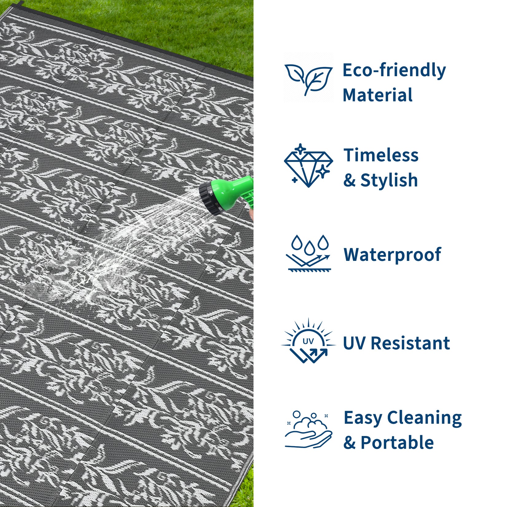 Garvee Waterproof Reversible Outdoor Rug - Boho Leaf Design - Large, UV & Mark Resistant, Collapsible Plastic Patio Carpet with Stakes & Storage Bag for RV, Camping, Deck, Balcony, Backyard ,9x18ft, Grey White