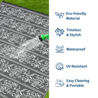 Garvee Waterproof Reversible Outdoor Rug - Boho Leaf Design - Large, UV & Mark Resistant, Collapsible Plastic Patio Carpet with Stakes & Storage Bag for RV, Camping, Deck, Balcony, Backyard ,9x18ft, Grey White