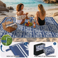 Garvee Waterproof Reversible Outdoor Rug - Boho Leaf Design - Mark & UV Resistant Plastic Mat with 4 Stakes & Storage Bag, Collapsible, Lightweight Patio Carpet for Camping, RV, Picnic, Balcony, Deck -  9x12ft, Navy Blue/White