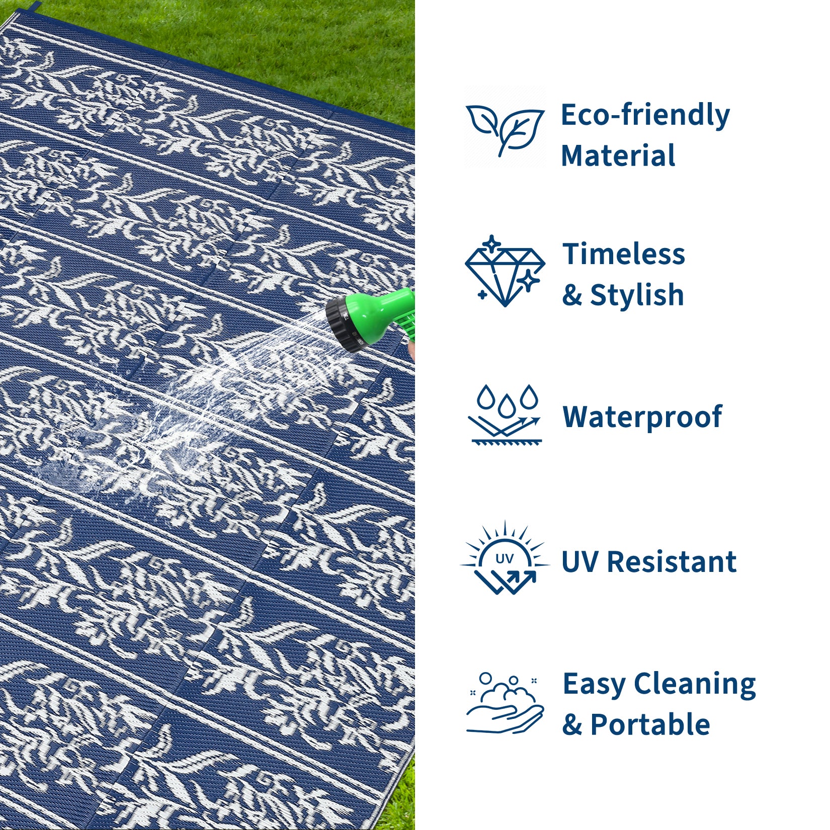 Garvee Waterproof Reversible Outdoor Rug - Boho Leaf Design - Mark & UV Resistant Plastic Mat with 4 Stakes & Storage Bag, Collapsible, Lightweight Patio Carpet for Camping, RV, Picnic, Balcony, Deck -  9x12ft, Navy Blue/White