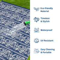 Garvee Waterproof Reversible Outdoor Rug - Boho Leaf Design - Mark & UV Resistant Plastic Mat with 4 Stakes & Storage Bag, Collapsible, Lightweight Patio Carpet for Camping, RV, Picnic, Balcony, Deck -  9x12ft, Navy Blue/White