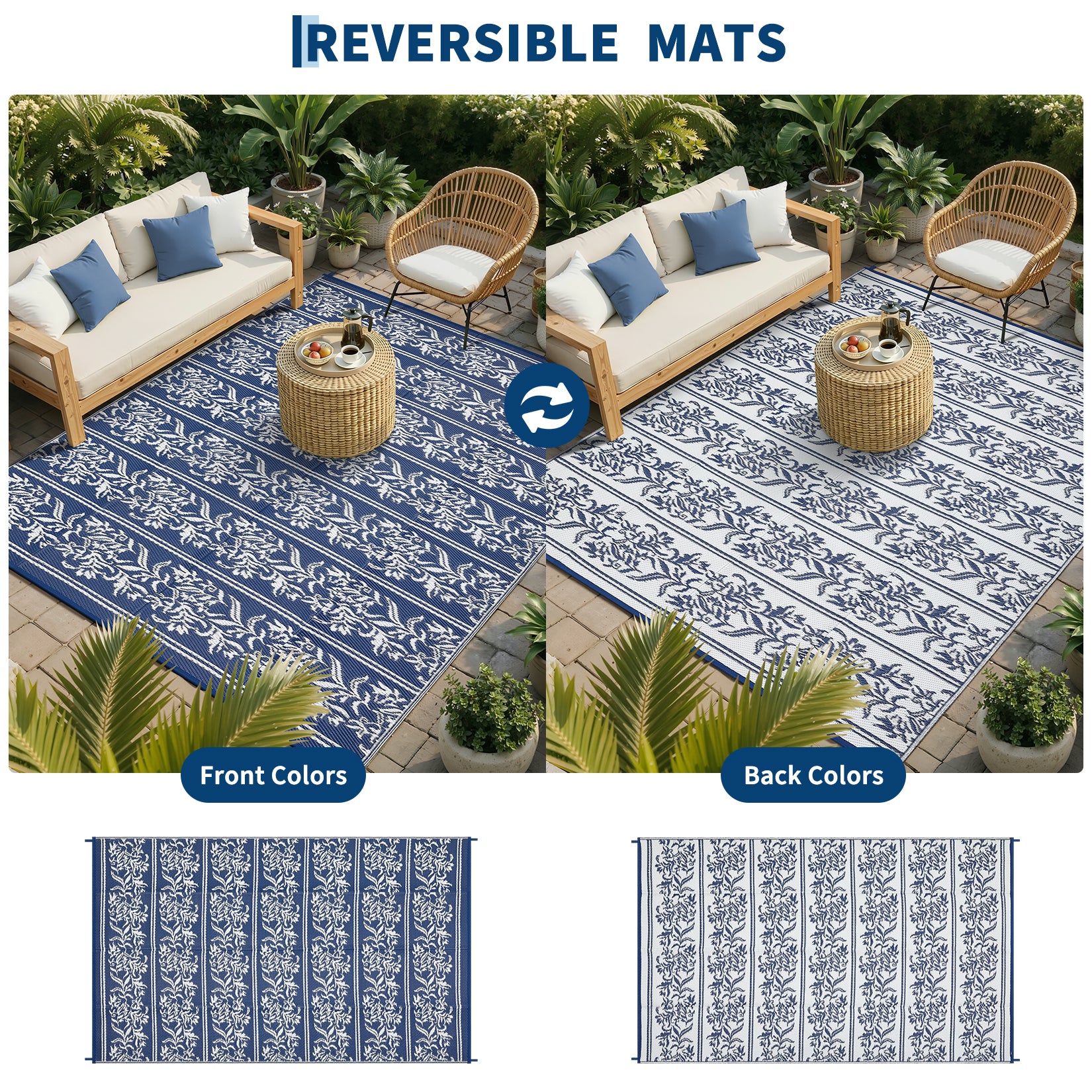 Garvee Waterproof Reversible Outdoor Rug - Boho Leaf Design - Mark & UV Resistant Plastic Mat with 4 Stakes & Storage Bag, Collapsible, Lightweight Patio Carpet for Camping, RV, Picnic, Balcony, Deck -  9x12ft, Navy Blue/White