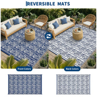 Garvee Waterproof Reversible Outdoor Rug - Boho Leaf Design - Mark & UV Resistant Plastic Mat with 4 Stakes & Storage Bag, Collapsible, Lightweight Patio Carpet for Camping, RV, Picnic, Balcony, Deck -  9x12ft, Navy Blue/White