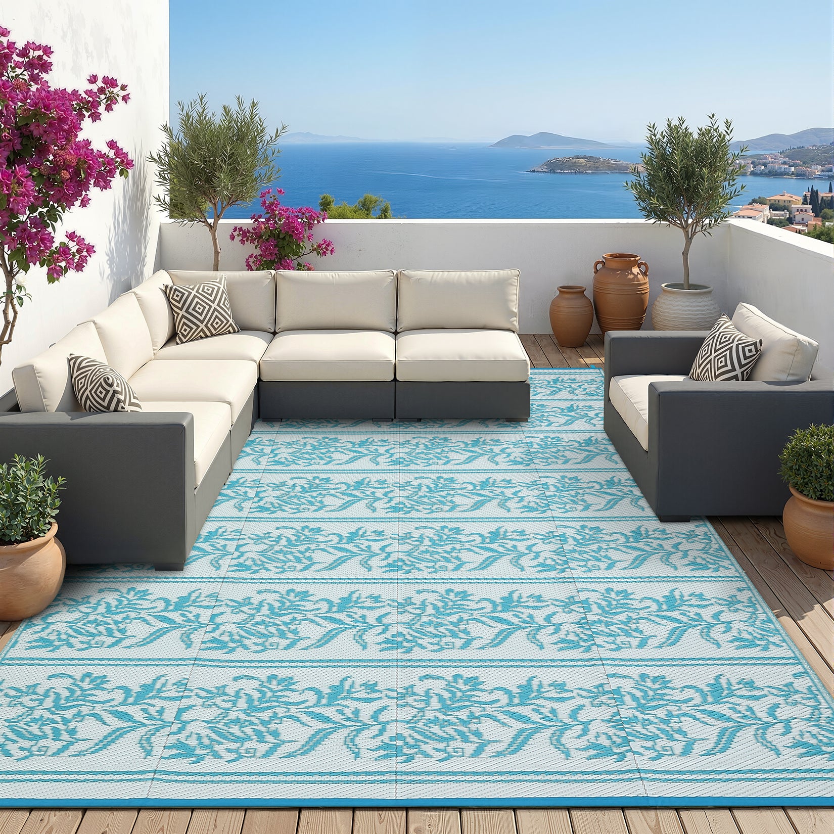 Garvee Outdoor Rug 9x18 Waterproof Reversible Boho Leaf Pattern Soft Plastic Straw Lightweight Portable for Patio RV Camping Picnic Deck