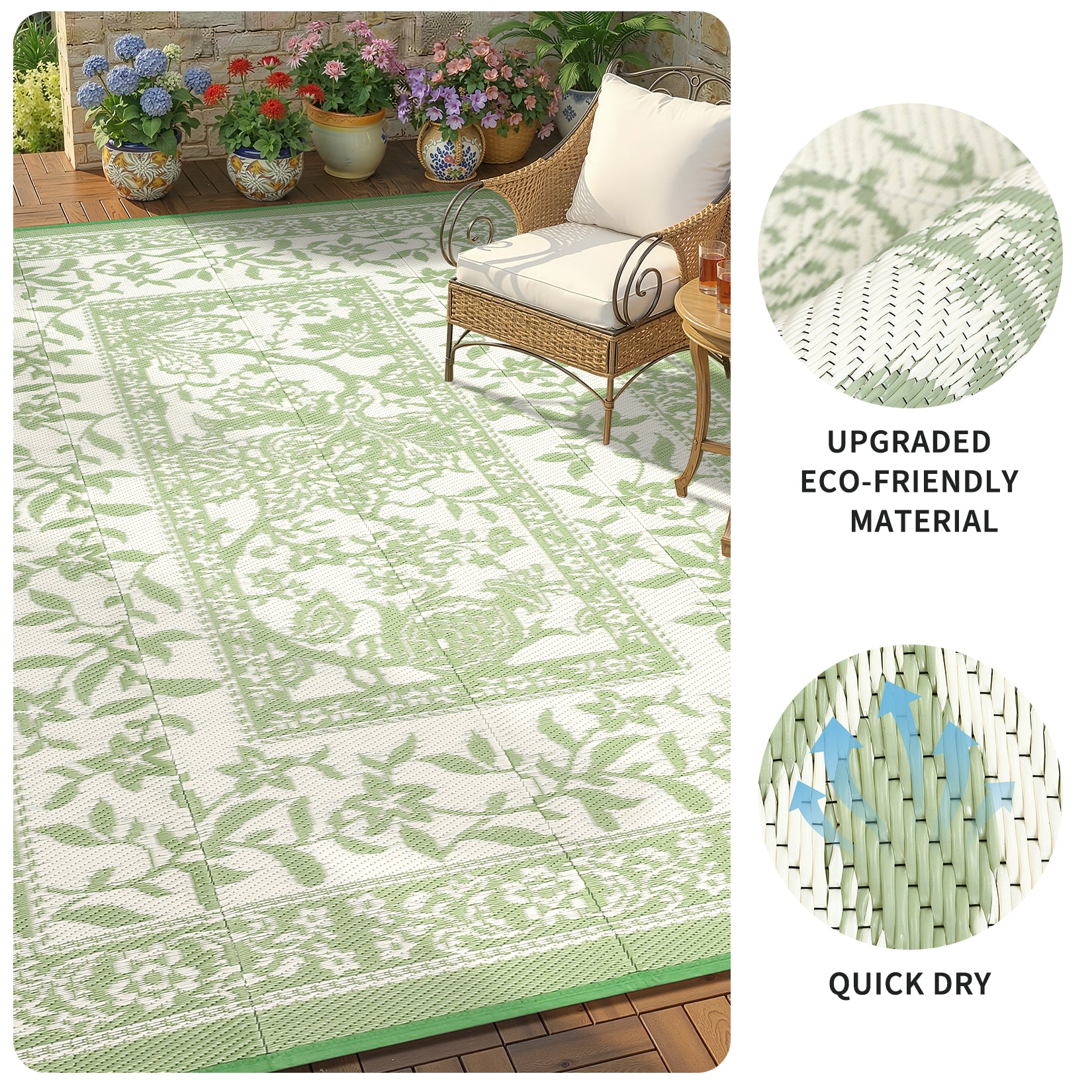 Garvee Reversible Outdoor Rug 8x10ft, Gray Green/Ivory White - Waterproof & UV Resistant Plastic Mat, Washable, Easy Clean, Portable Patio Carpet for Garden, Camping, Picnic, Backyard