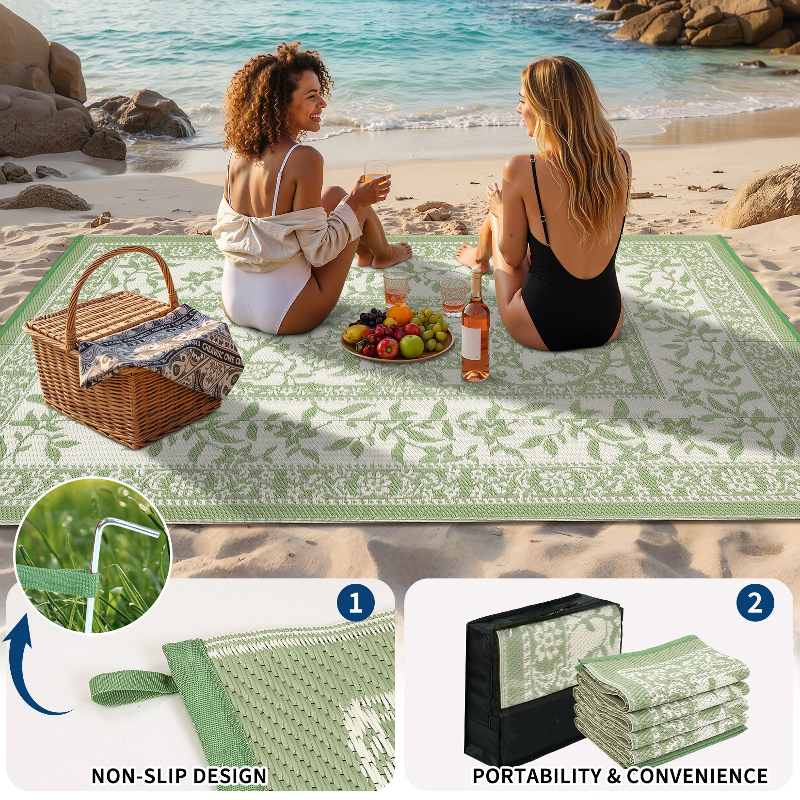 Garvee Reversible Outdoor Rug 8x10ft, Gray Green/Ivory White - Waterproof & UV Resistant Plastic Mat, Washable, Easy Clean, Portable Patio Carpet for Garden, Camping, Picnic, Backyard