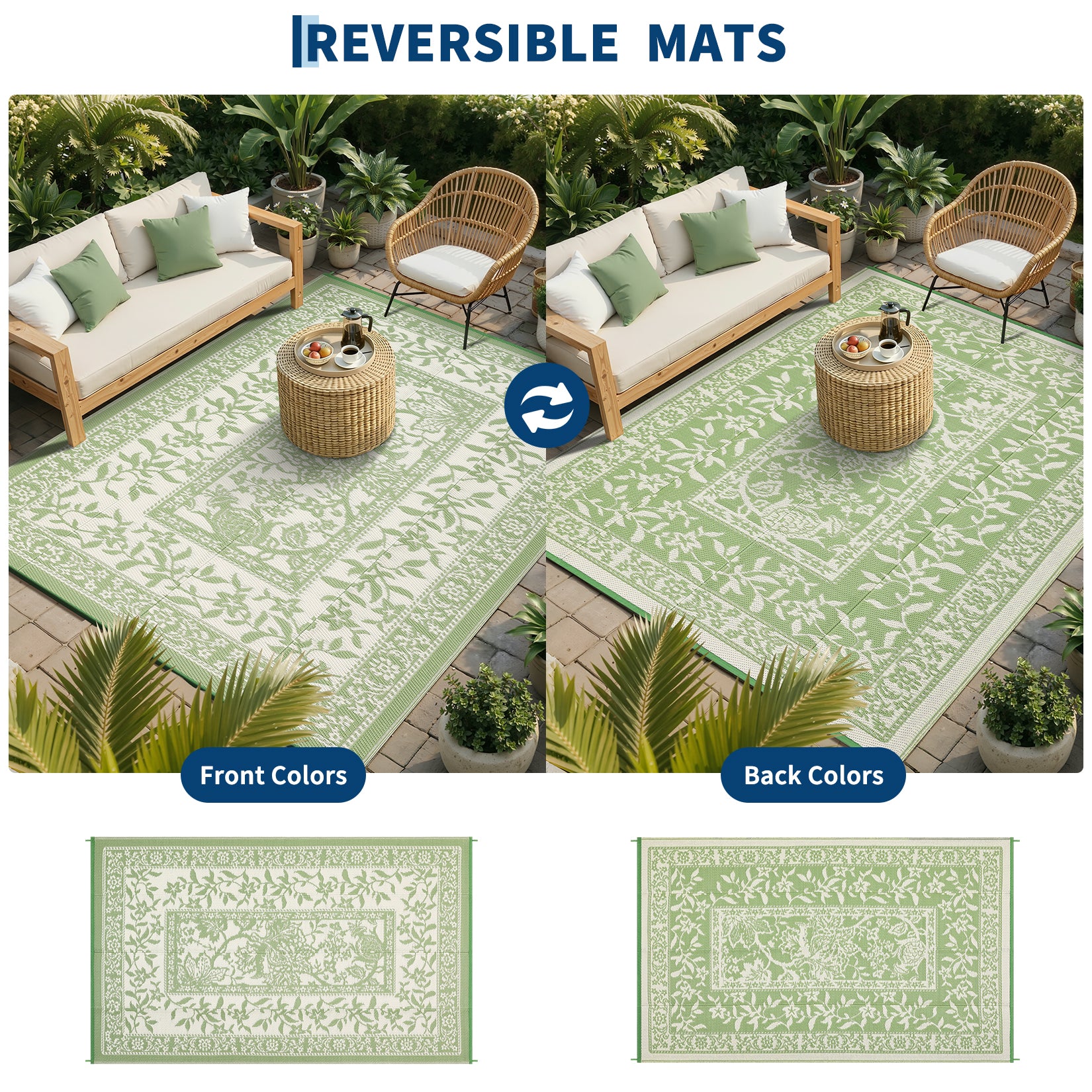 Garvee Reversible Outdoor Rug 8x10ft, Gray Green/Ivory White - Waterproof & UV Resistant Plastic Mat, Washable, Easy Clean, Portable Patio Carpet for Garden, Camping, Picnic, Backyard