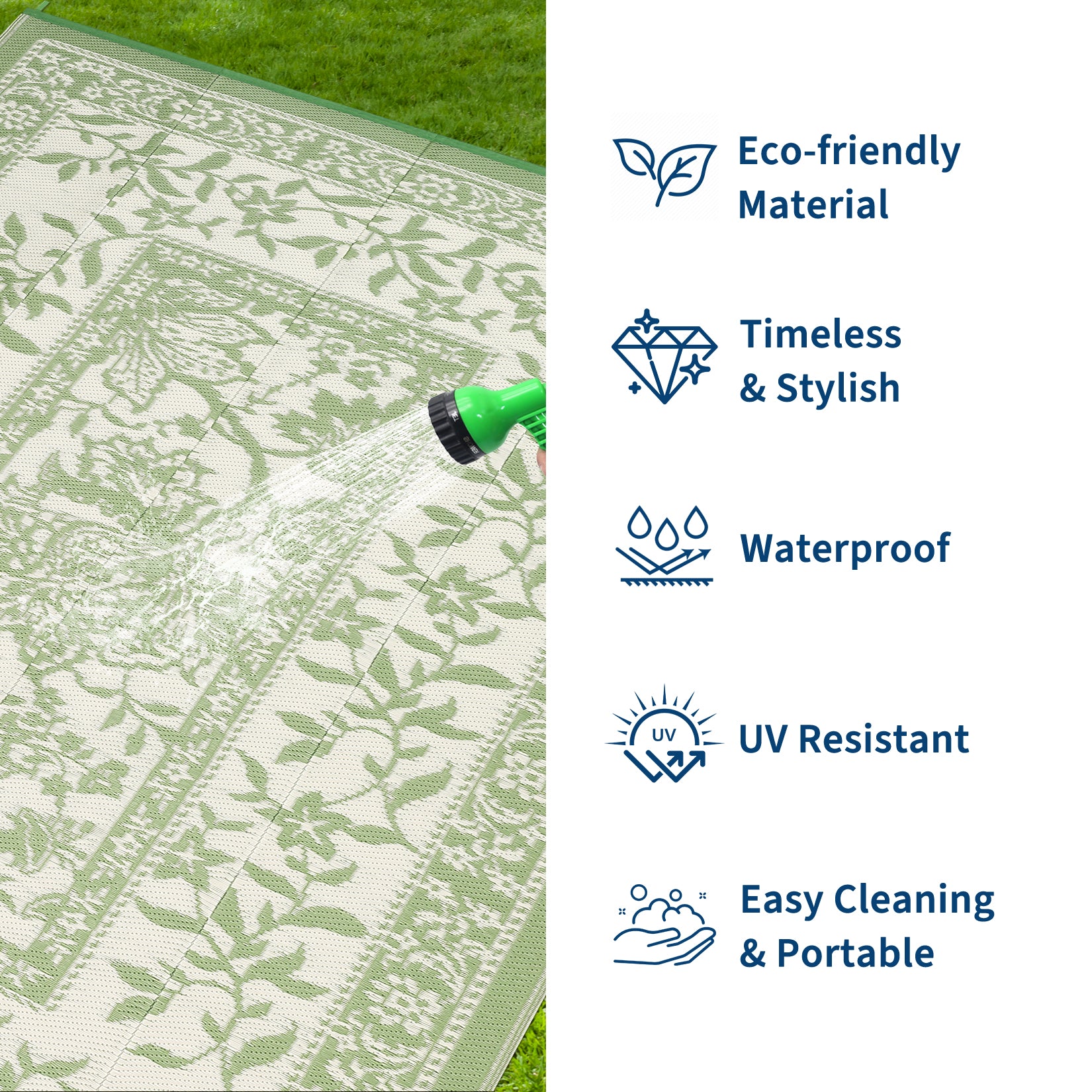 Garvee Reversible Outdoor Rug 8x10ft, Gray Green/Ivory White - Waterproof & UV Resistant Plastic Mat, Washable, Easy Clean, Portable Patio Carpet for Garden, Camping, Picnic, Backyard