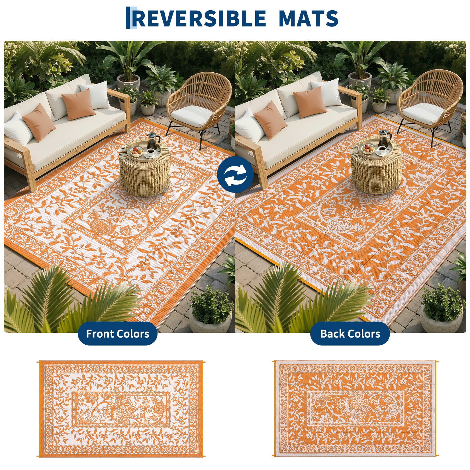 Garvee Reversible Outdoor Rug 8x10ft, Orange/White - Waterproof UV Resistant Plastic Straw Mat, Easy Clean, Portable Patio Carpet for Garden, Backyard, Camping, Beach
