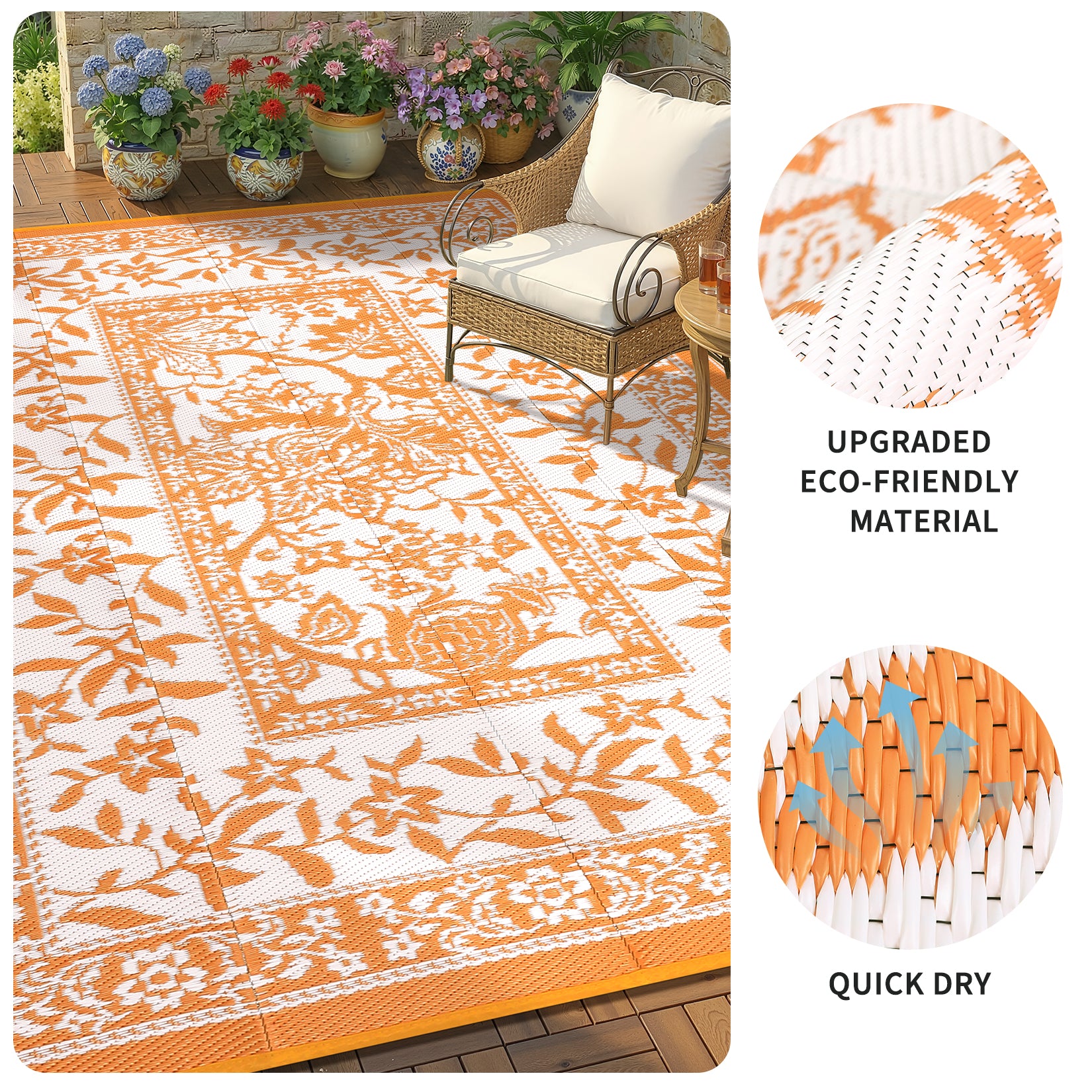 Garvee Reversible Outdoor Rug 8x10ft, Orange/White - Waterproof UV Resistant Plastic Straw Mat, Easy Clean, Portable Patio Carpet for Garden, Backyard, Camping, Beach