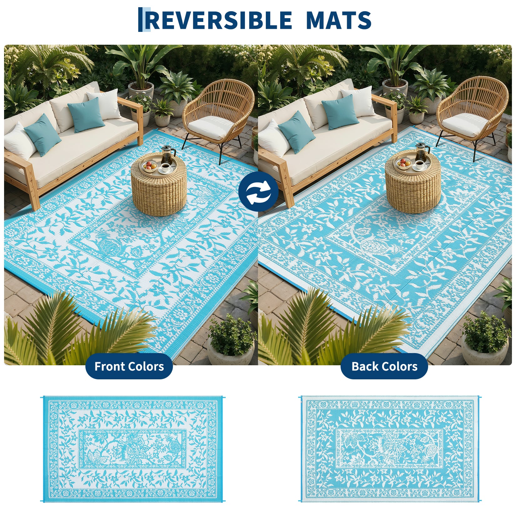 Garvee Reversible Outdoor Rug 8x10ft, Blue/White - Waterproof & UV Resistant Plastic Straw Mat, Easy Clean, Portable Carpet for Patio, Garden, Camping, Beach
