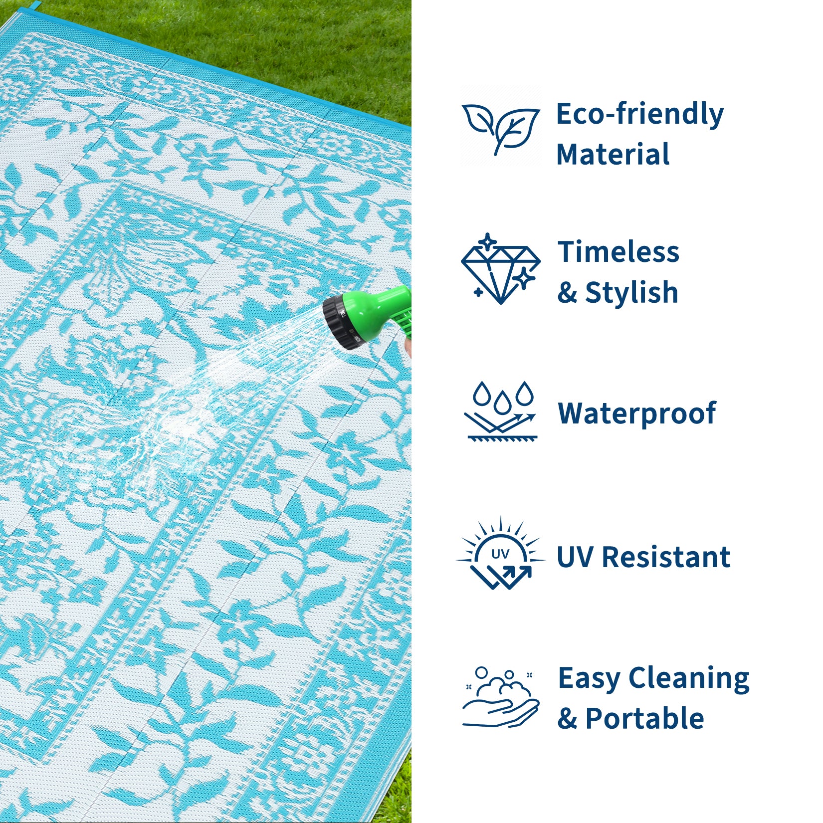 Garvee Reversible Outdoor Rug 8x10ft, Blue/White - Waterproof & UV Resistant Plastic Straw Mat, Easy Clean, Portable Carpet for Patio, Garden, Camping, Beach