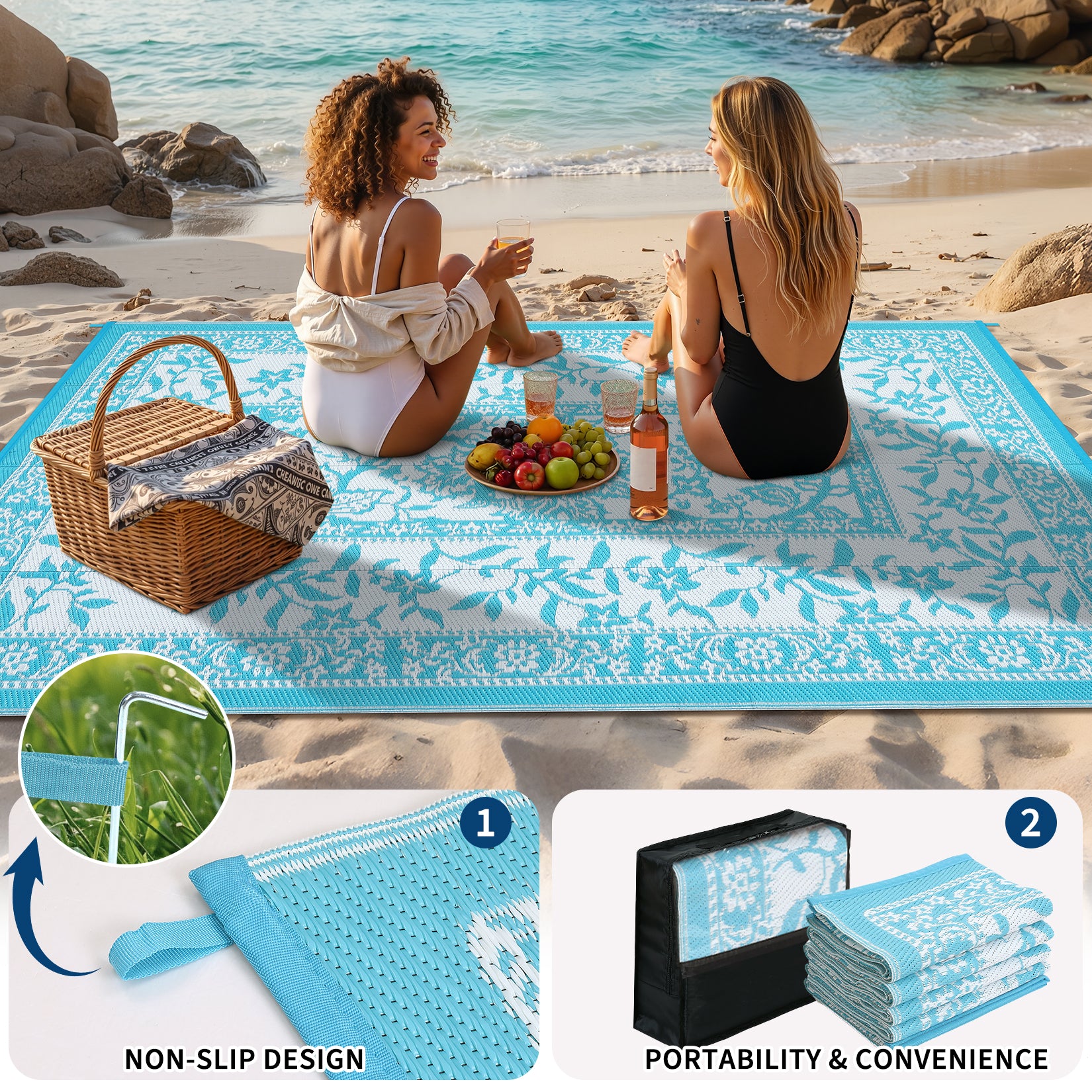 Garvee Reversible Outdoor Rug 8x10ft, Blue/White - Waterproof & UV Resistant Plastic Straw Mat, Easy Clean, Portable Carpet for Patio, Garden, Camping, Beach
