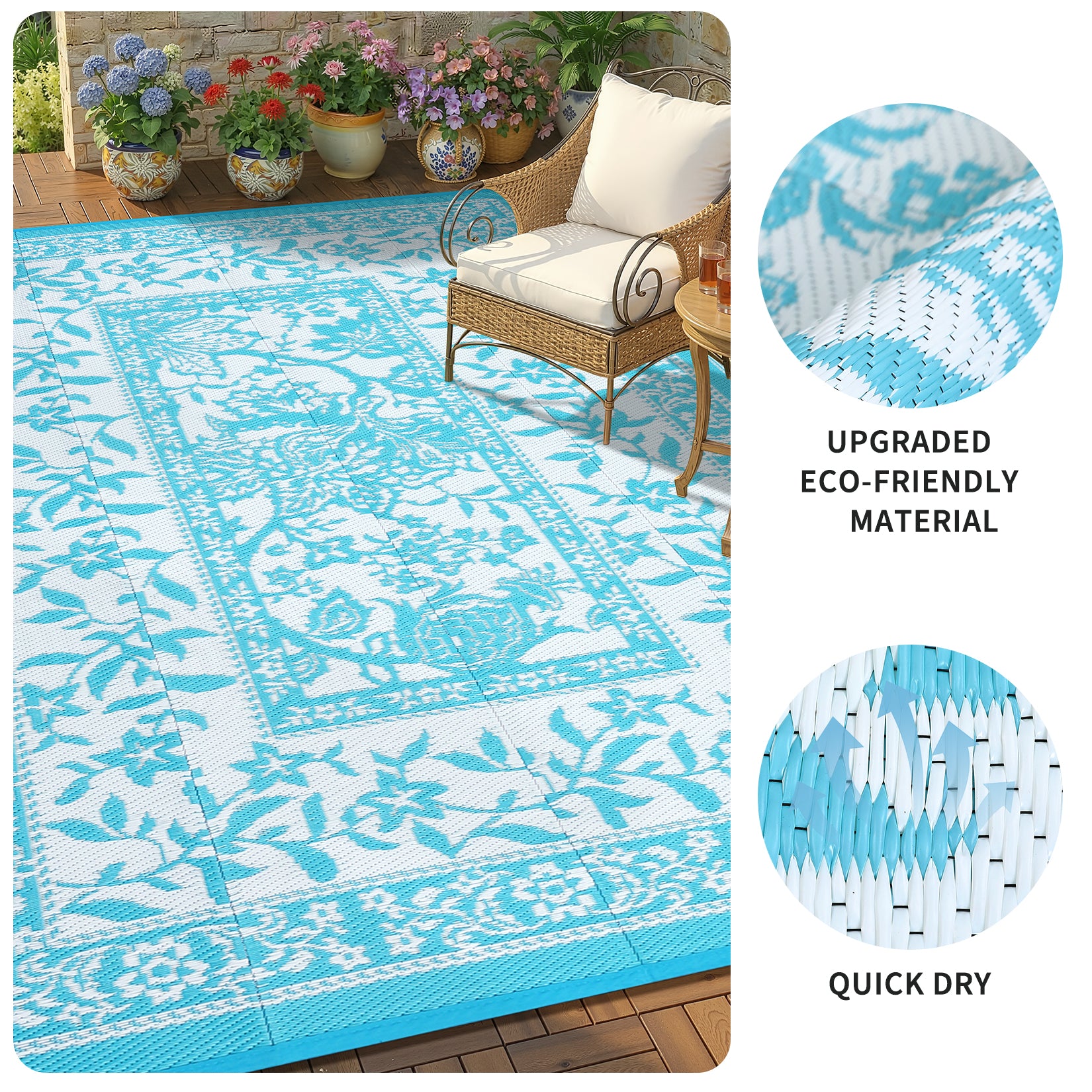 Garvee Reversible Outdoor Rug 8x10ft, Blue/White - Waterproof & UV Resistant Plastic Straw Mat, Easy Clean, Portable Carpet for Patio, Garden, Camping, Beach