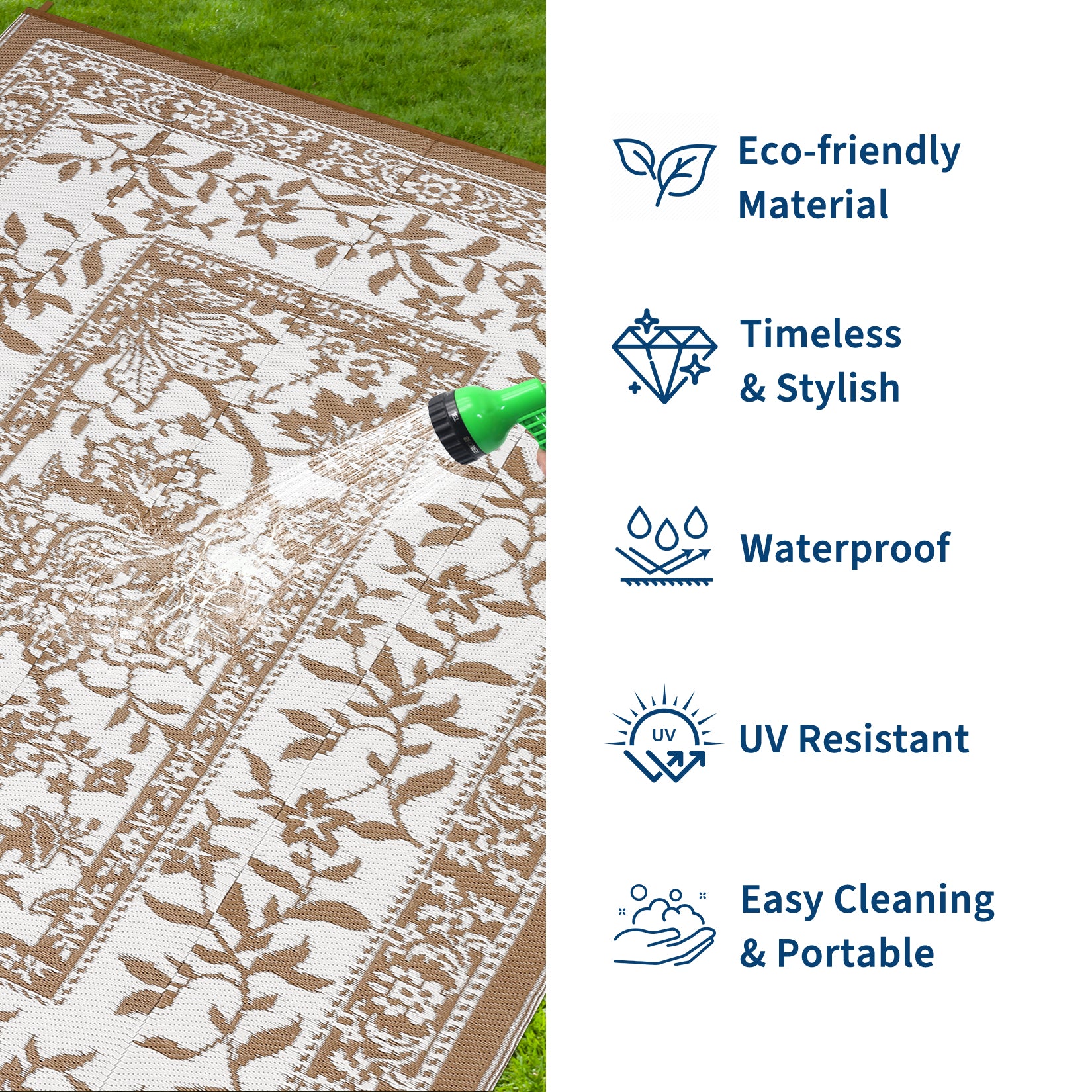 Garvee Reversible Outdoor Rug 8x10ft, Brown/White - Waterproof UV-Resistant Plastic Mat, Easy Clean, Low Pile Portable Carpet for Patio, Garden, Camping