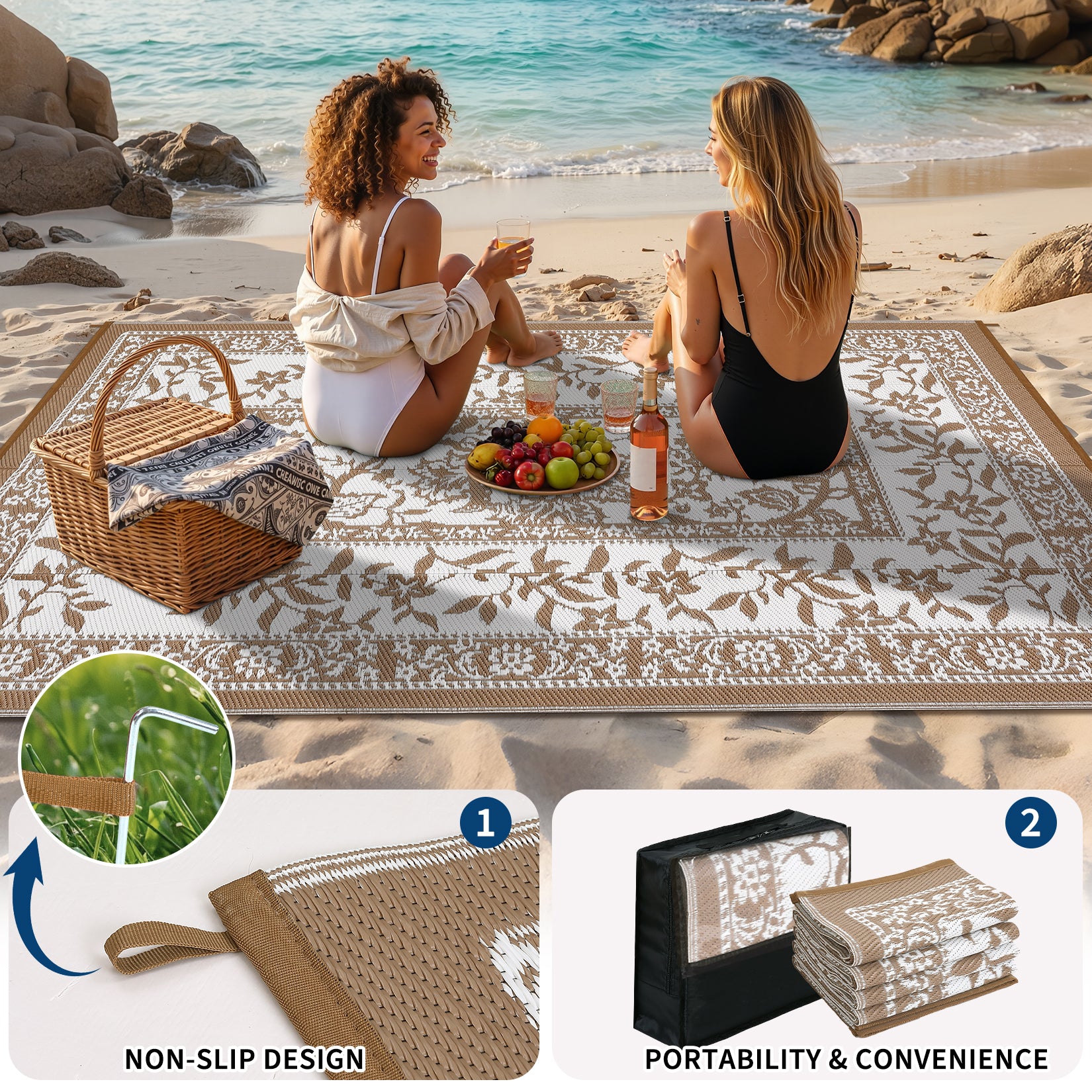 Garvee Reversible Outdoor Rug 8x10ft, Brown/White - Waterproof UV-Resistant Plastic Mat, Easy Clean, Low Pile Portable Carpet for Patio, Garden, Camping