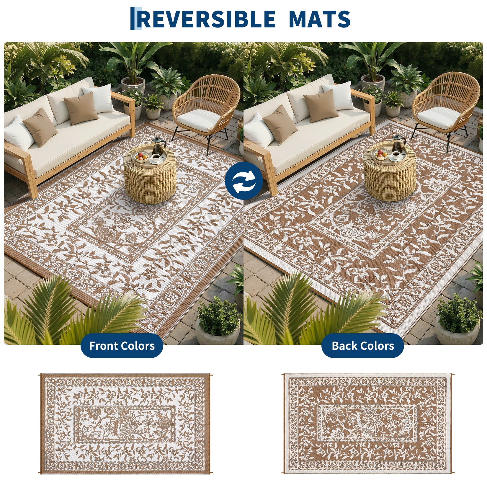 Garvee Reversible Outdoor Rug 8x10ft, Brown/White - Waterproof UV-Resistant Plastic Mat, Easy Clean, Low Pile Portable Carpet for Patio, Garden, Camping