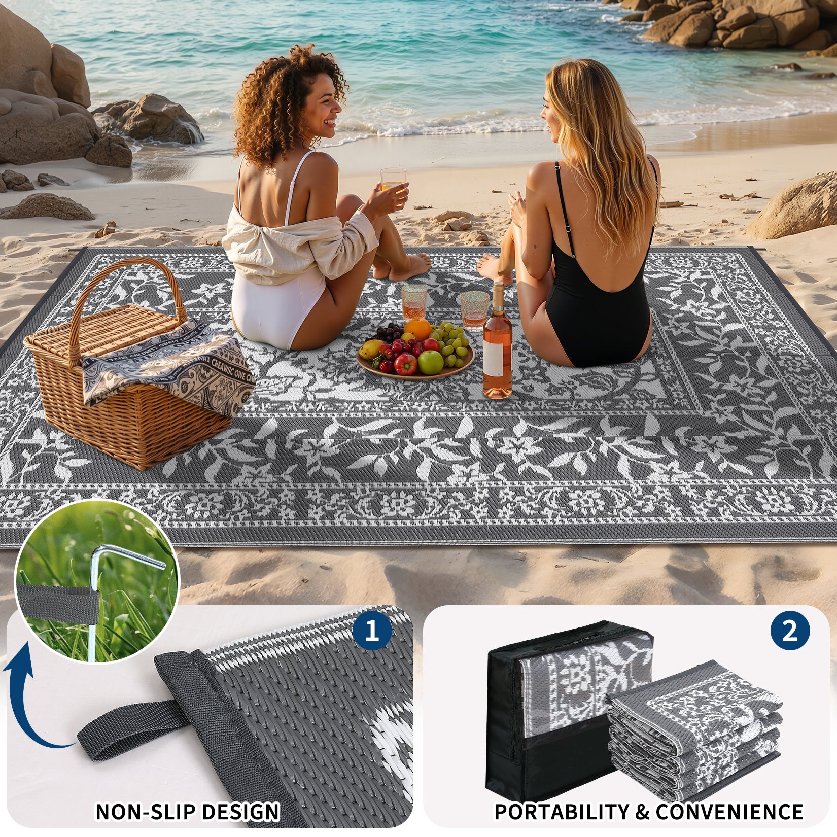 Garvee Reversible Outdoor Rug 10x20ft, Grey/White - Waterproof Plastic Straw Patio Mat, UV & mark Resistant, Easy Clean, Portable Carpet for Garden, Camping, Backyard