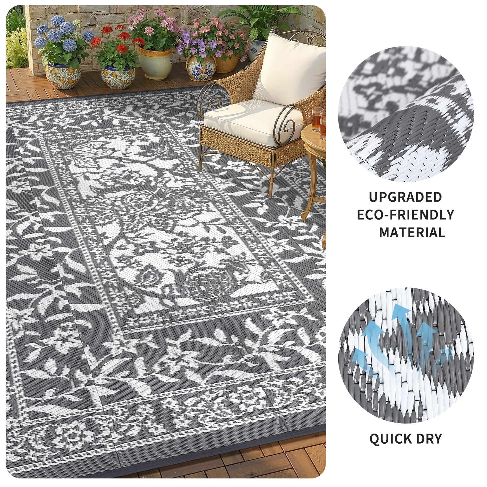 Garvee Reversible Outdoor Rug 10x20ft, Grey/White - Waterproof Plastic Straw Patio Mat, UV & mark Resistant, Easy Clean, Portable Carpet for Garden, Camping, Backyard