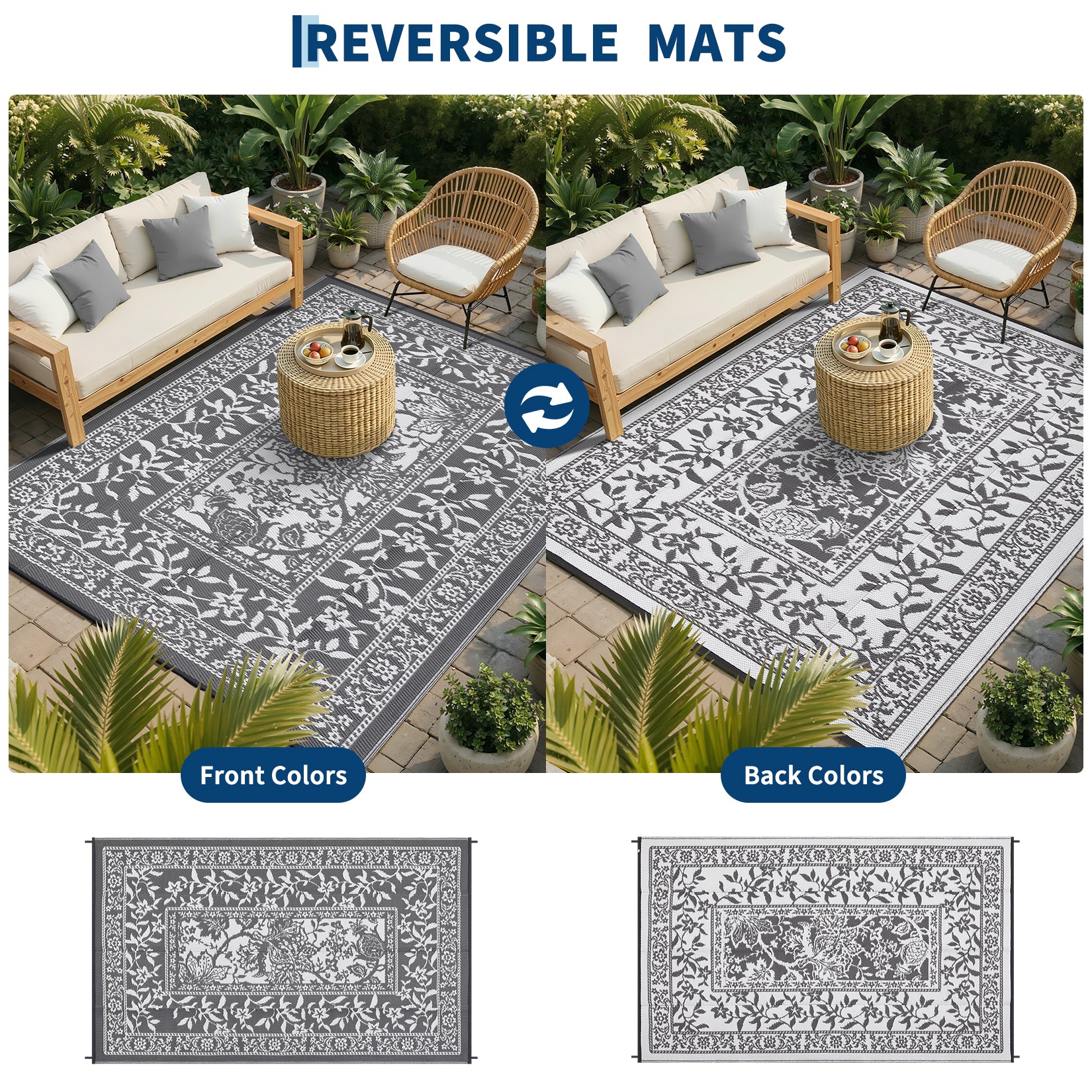 Garvee Reversible Outdoor Rug 10x20ft, Grey/White - Waterproof Plastic Straw Patio Mat, UV & mark Resistant, Easy Clean, Portable Carpet for Garden, Camping, Backyard