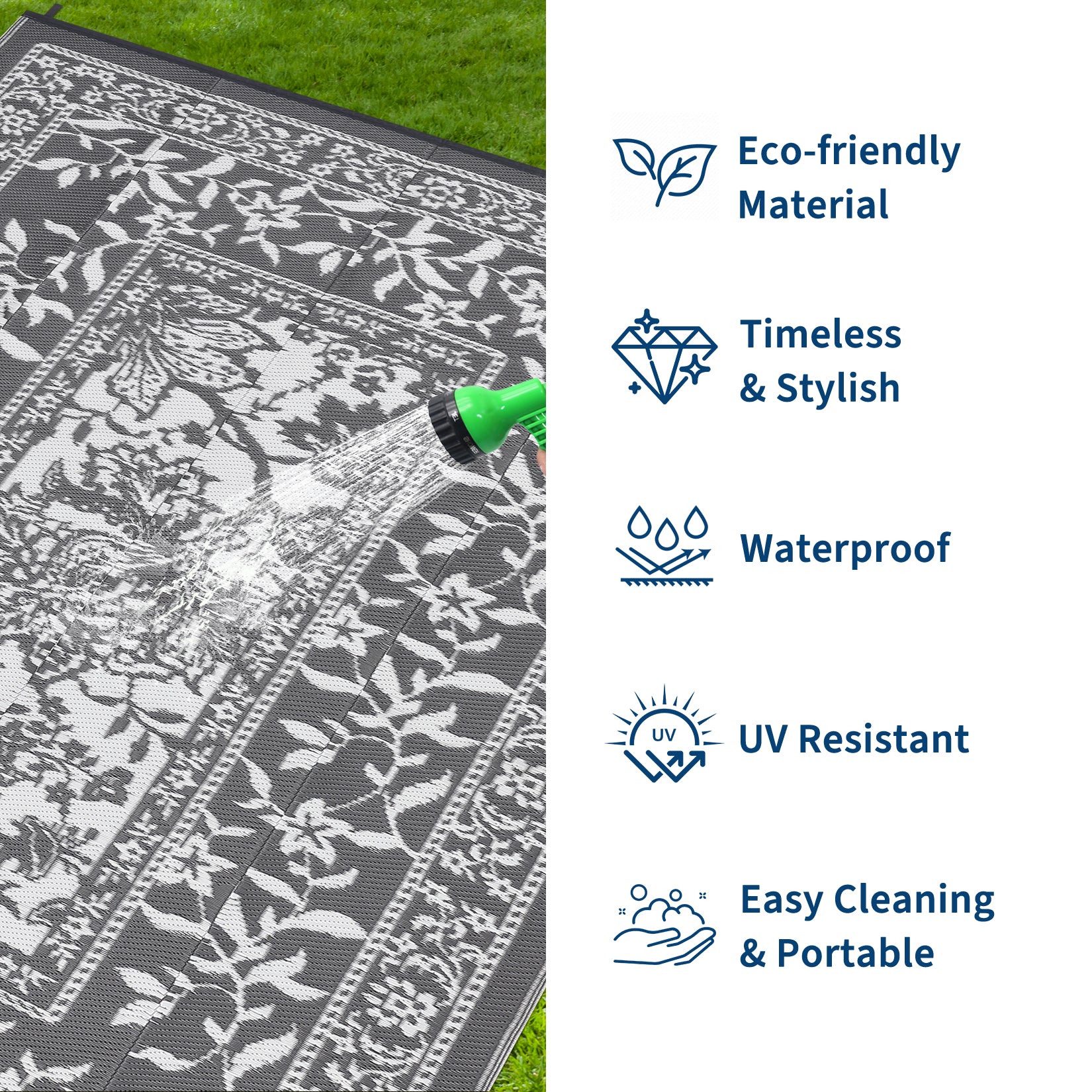 Garvee Reversible Outdoor Rug 10x20ft, Grey/White - Waterproof Plastic Straw Patio Mat, UV & mark Resistant, Easy Clean, Portable Carpet for Garden, Camping, Backyard