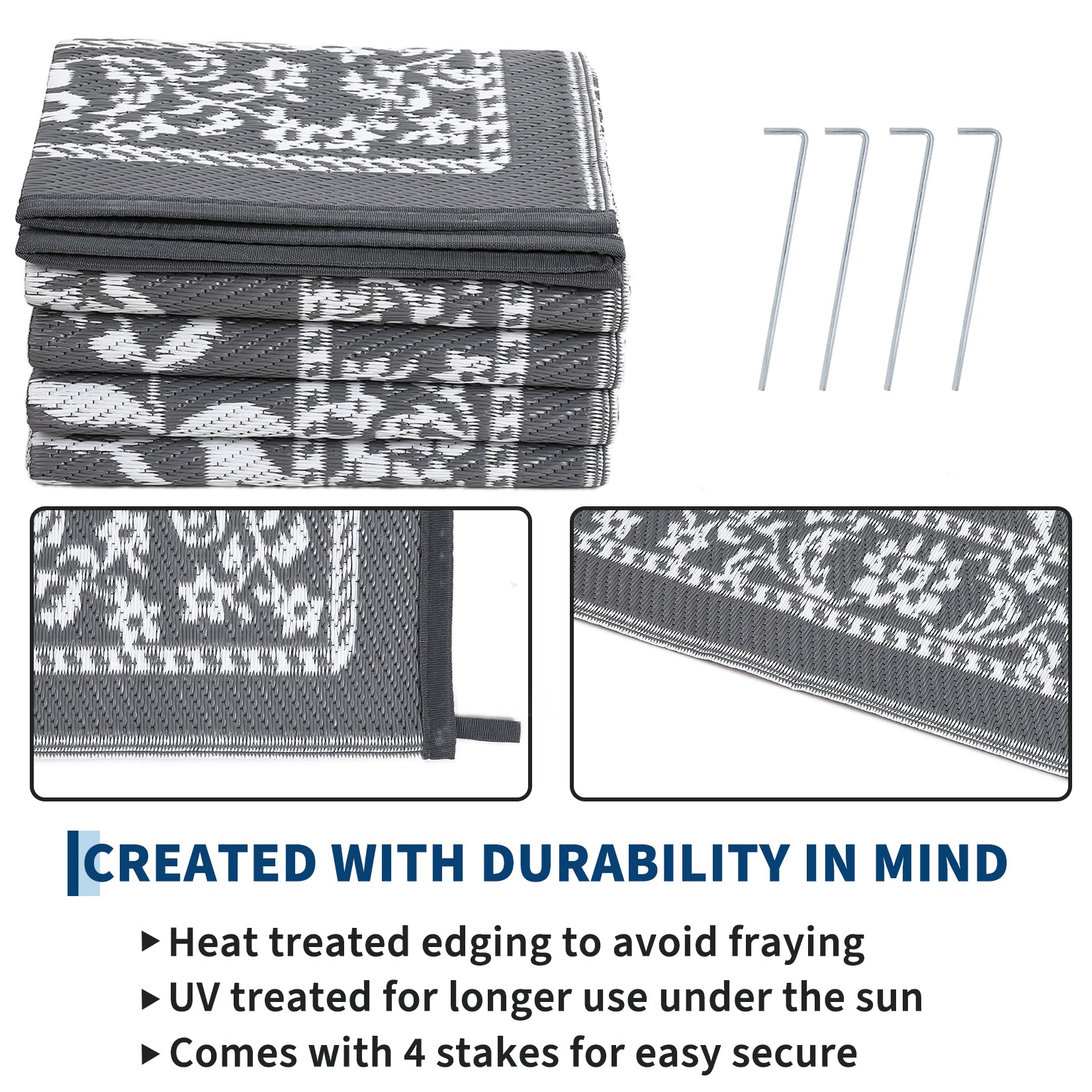 Garvee Reversible Outdoor Rug 10x20ft, Grey/White - Waterproof Plastic Straw Patio Mat, UV & mark Resistant, Easy Clean, Portable Carpet for Garden, Camping, Backyard
