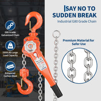 Garvee Manual Lever Chain Hoist – 1.5 Ton (3300 lbs) Capacity, 10 ft Lift – G80 Galvanized Steel Chain, Weston Double Pawl Safety Brake, 360° Swivel Hooks, Portable Heavy Duty Lifting Hook for Garage, Factory, Dock, Warehouse