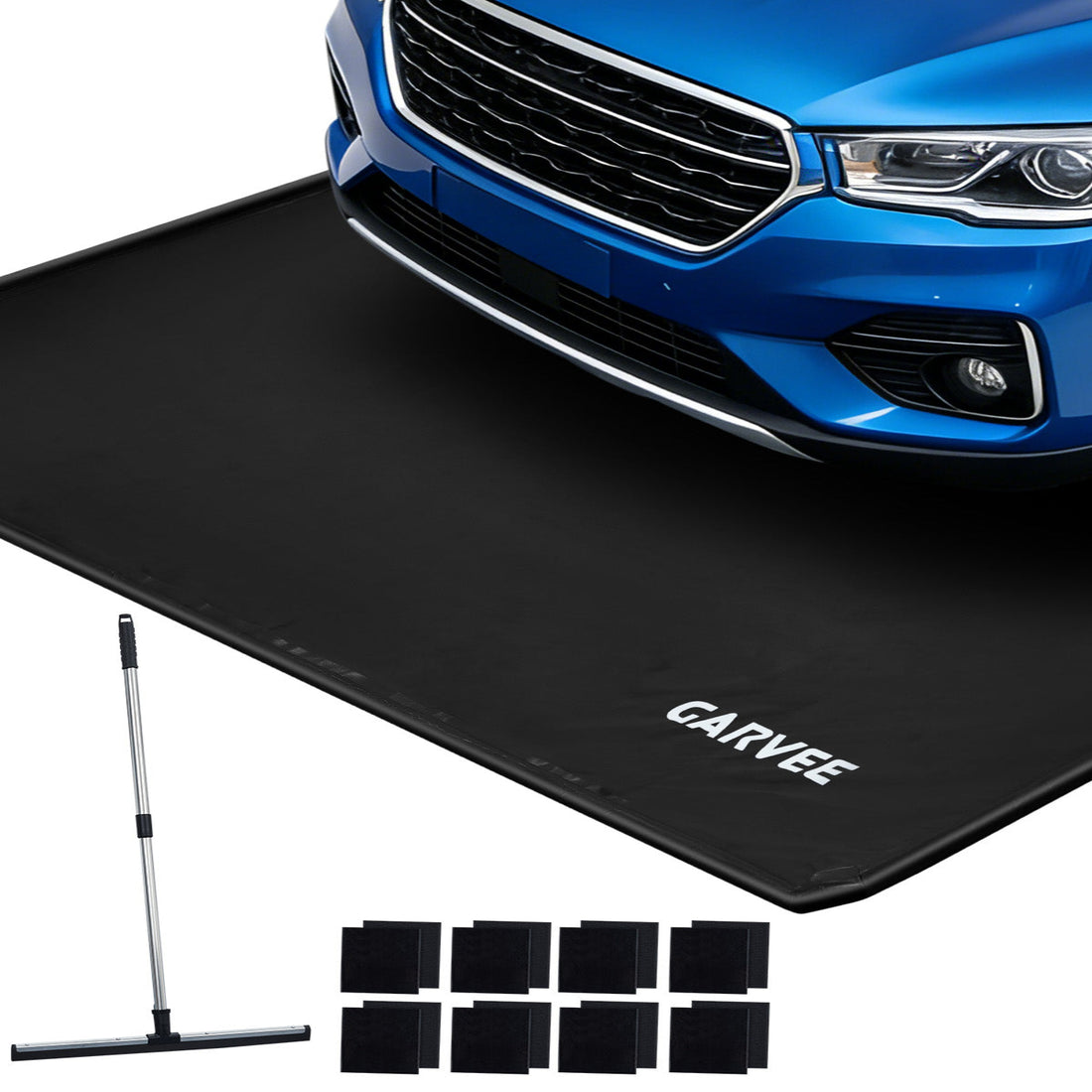 Garvee 7.9' × 18' Garage Floor Mat, Waterproof Containment Mat with 1.2" Raised Edge, Heavy-Duty 1000D PVC Non-Slip Car Mat for Snow, Rain & Mud, Includes Squeegee & Fasteners, Black
