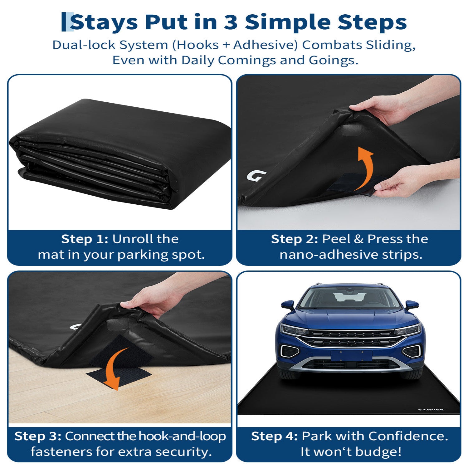 Garvee 7.9' × 16' Garage Floor Mat Waterproof Containment Mat with 1.2" Raised Edge, Heavy Duty 1000D PVC Non-Slip Under Car Mat for Snow Rain Mud, Includes Squeegee & 8 Hook-and-Loop Fasteners, Black