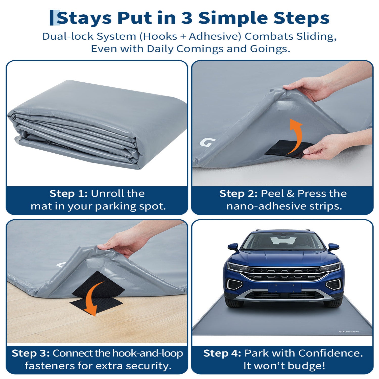 Garvee 8.6' × 22' Garage Floor Mat, Waterproof Containment Mat with 1.2" Raised Edge, Heavy-Duty 1000D PVC Non-Slip Car Mat for Snow, Rain & Mud, Includes Squeegee & Fasteners, Gray
