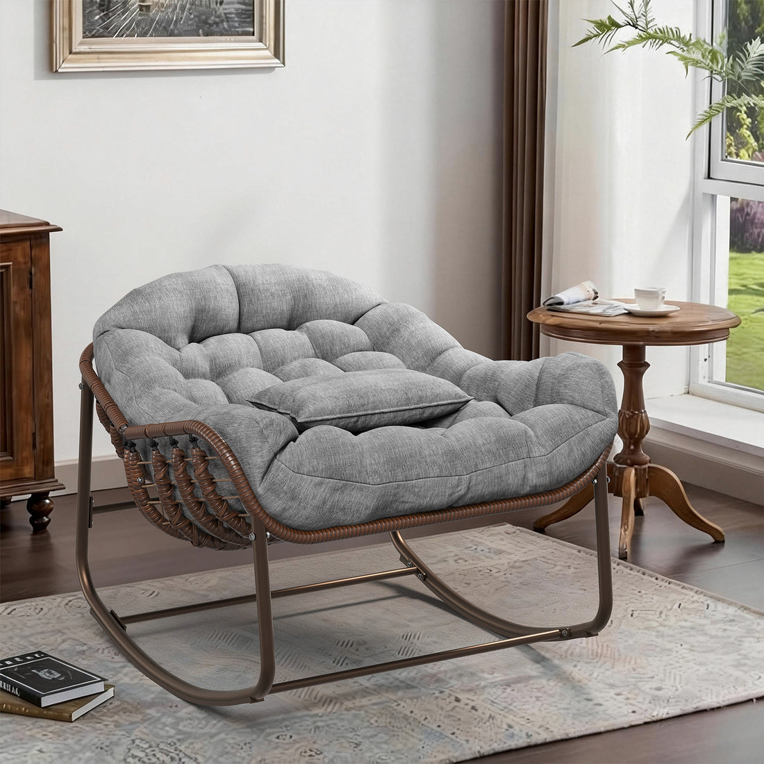 Garvee Oversized Papasan Rocking Chair, Comfy Outdoor Wicker Lounge Chair with Cushion and Metal Frame, Patio Rattan Egg Chair  for Balcony, Garden, Bedroom, Porch, Lawn, Gray