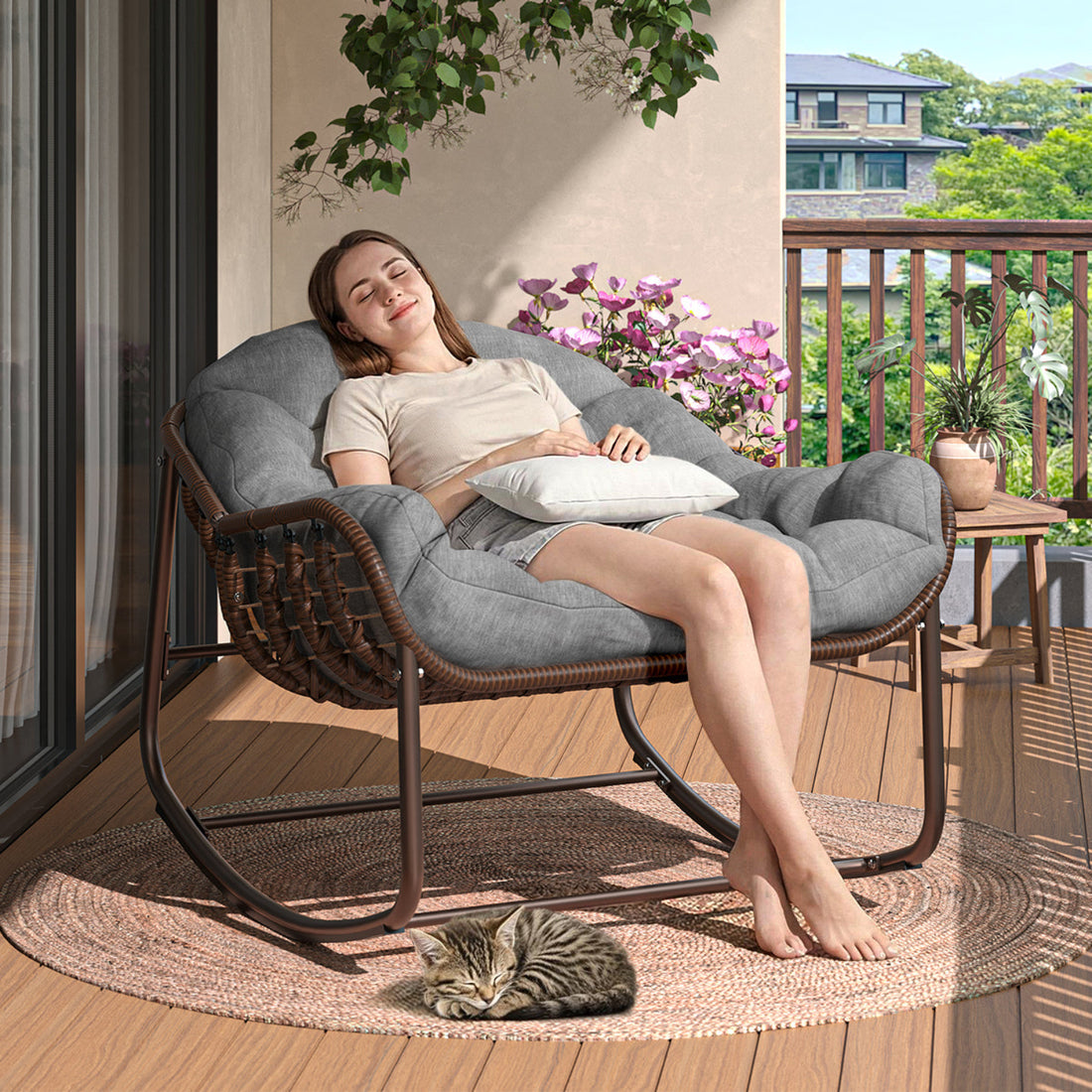 Garvee Oversized Papasan Rocking Chair, Comfy Outdoor Wicker Lounge Chair with Cushion and Metal Frame, Patio Rattan Egg Chair  for Balcony, Garden, Bedroom, Porch, Lawn, Gray