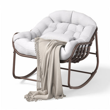 Garvee Oversized Papasan Rocking Chair Wicker Lounge with Cushion, Weather-Resistant Metal Frame Ergonomic Sway Reinforced Steel Frame for Indoor, Outdoor Balcony, Backyard, White