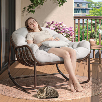 Garvee Oversized Papasan Rocking Chair Wicker Lounge with Cushion, Weather-Resistant Metal Frame Ergonomic Sway Reinforced Steel Frame for Indoor, Outdoor Balcony, Backyard, White