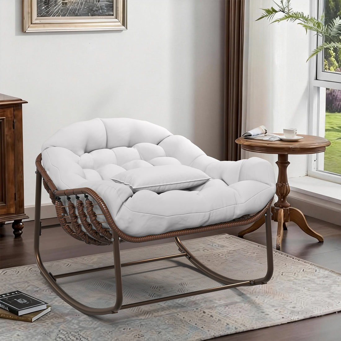 Garvee Oversized Papasan Rocking Chair, Comfy Outdoor Wicker Lounge Chair with Cushion and Metal Frame, Patio Rattan Egg Chair  for Balcony, Garden, Bedroom, Porch, Lawn, White