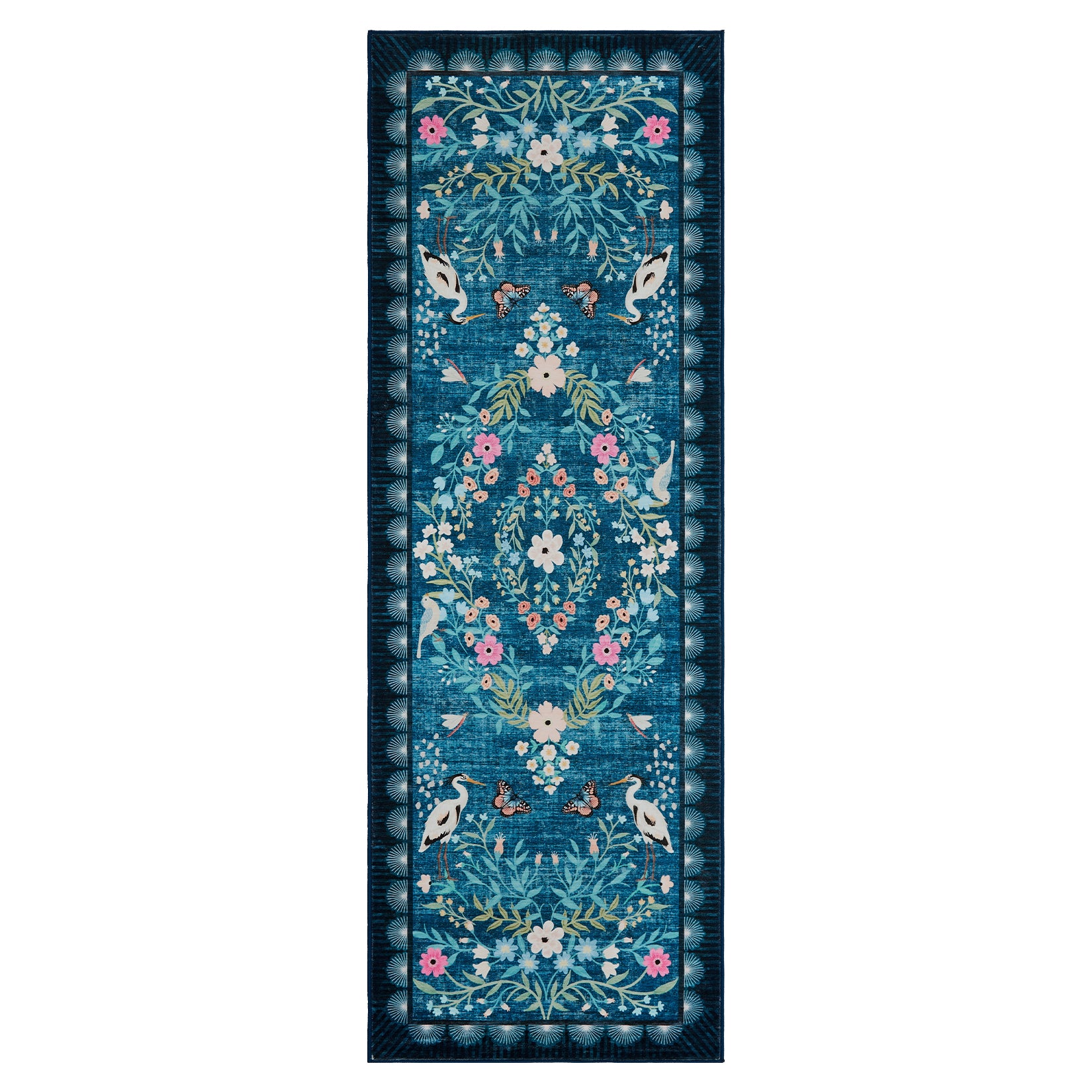 Garvee 2x6 Teal Floral Bird Runner Rug, Washable Non-Slip Low Pile Vintage Rug for Kitchen & Hallway