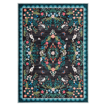 Garvee Floral 5x7 Area Rugs Non Slip Washable Vintage Floor Rug for Living Room Bedroom, Large Low Pile Black