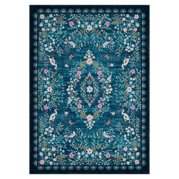 Garvee Vintage Floral Living Room Rugs 5x7, Soft Non Slip Area Rug for Bedroom, Botanical Low Pile Large Dining Room Rugs Stain Resistant Ultra Thin Home Decor Rug, Teal Blue