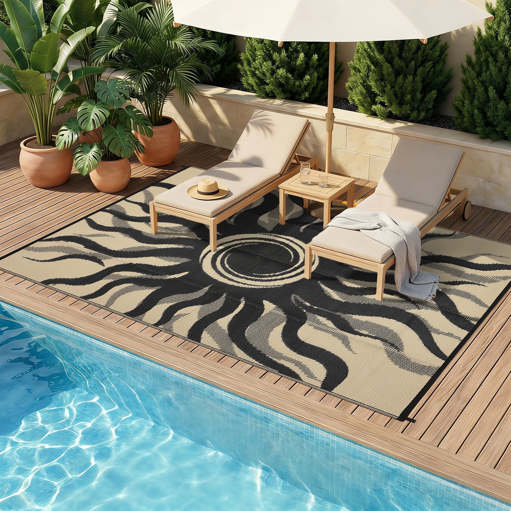 Garvee Outdoor Rug 8x10 Waterproof Boho Sun Pattern Reversible Plastic Straw UV-Resistant Lightweight Patio Mat for Deck Backyard Picnic