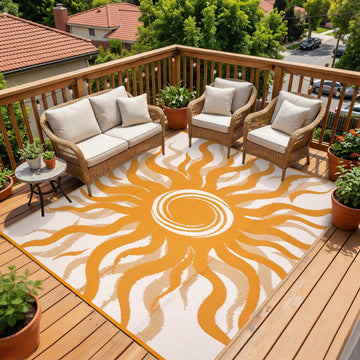 Garvee Outdoor Rug 8x10 Waterproof Boho Sun Pattern Reversible Plastic Straw UV-Resistant Lightweight Patio Mat for Deck Picnic Beach