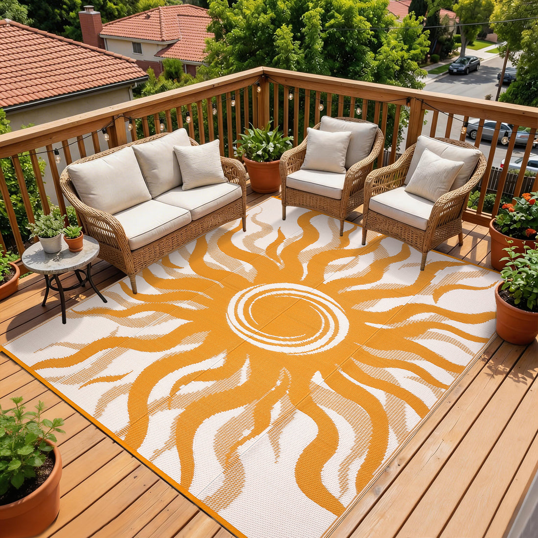 Garvee Outdoor Rug 8x10 Waterproof Boho Sun Pattern Reversible Plastic Straw UV-Resistant Lightweight Patio Mat for Deck Picnic Beach