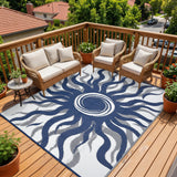 Garvee Outdoor Rug 8x10 Waterproof Patio Rug with Boho Sun Pattern, Reversible, UV-Resistant, Plastic Straw, Lightweight & Portable, Navy Blue, Ideal for Deck & Picnic - Navy Blue