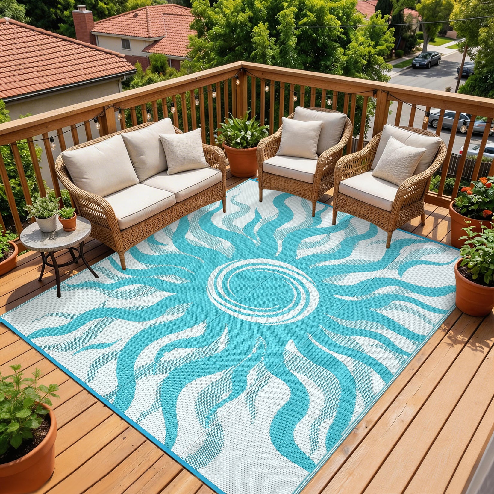 Garvee Outdoor Rug 9x12 Waterproof Patio Rug with Boho Sun Pattern, Reversible, Plastic Straw, UV-Resistant, Lightweight, Portable for Deck & Camping